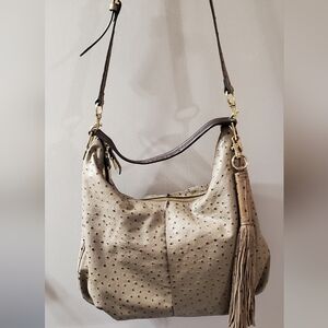 Gilli  Ostrich Textured Leather Beige Hobo Bag With Adjustable Strap.